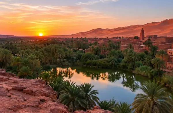 بحيرة واحة تحيط بها أشجار النخيل عند الغروب